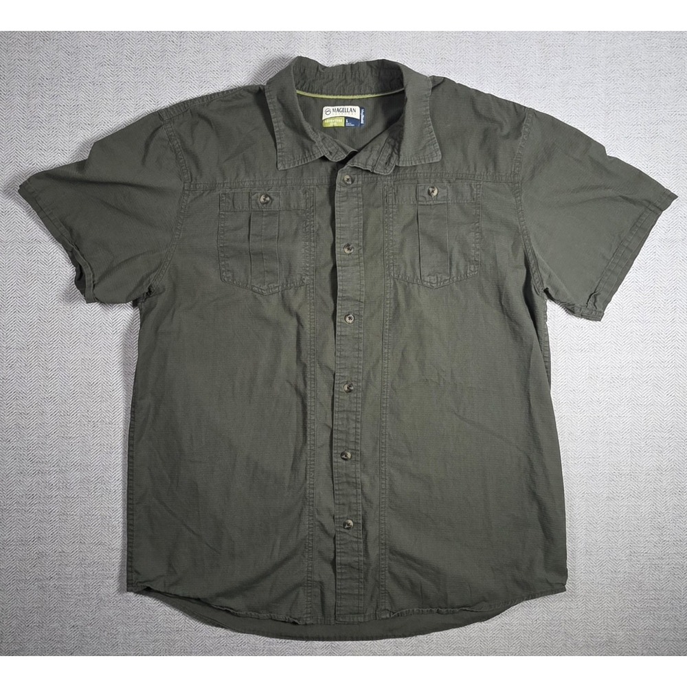 Magellan Outdoors Mens L Olive Green Ripstop Short Sleeve Button Shirt Tactical
